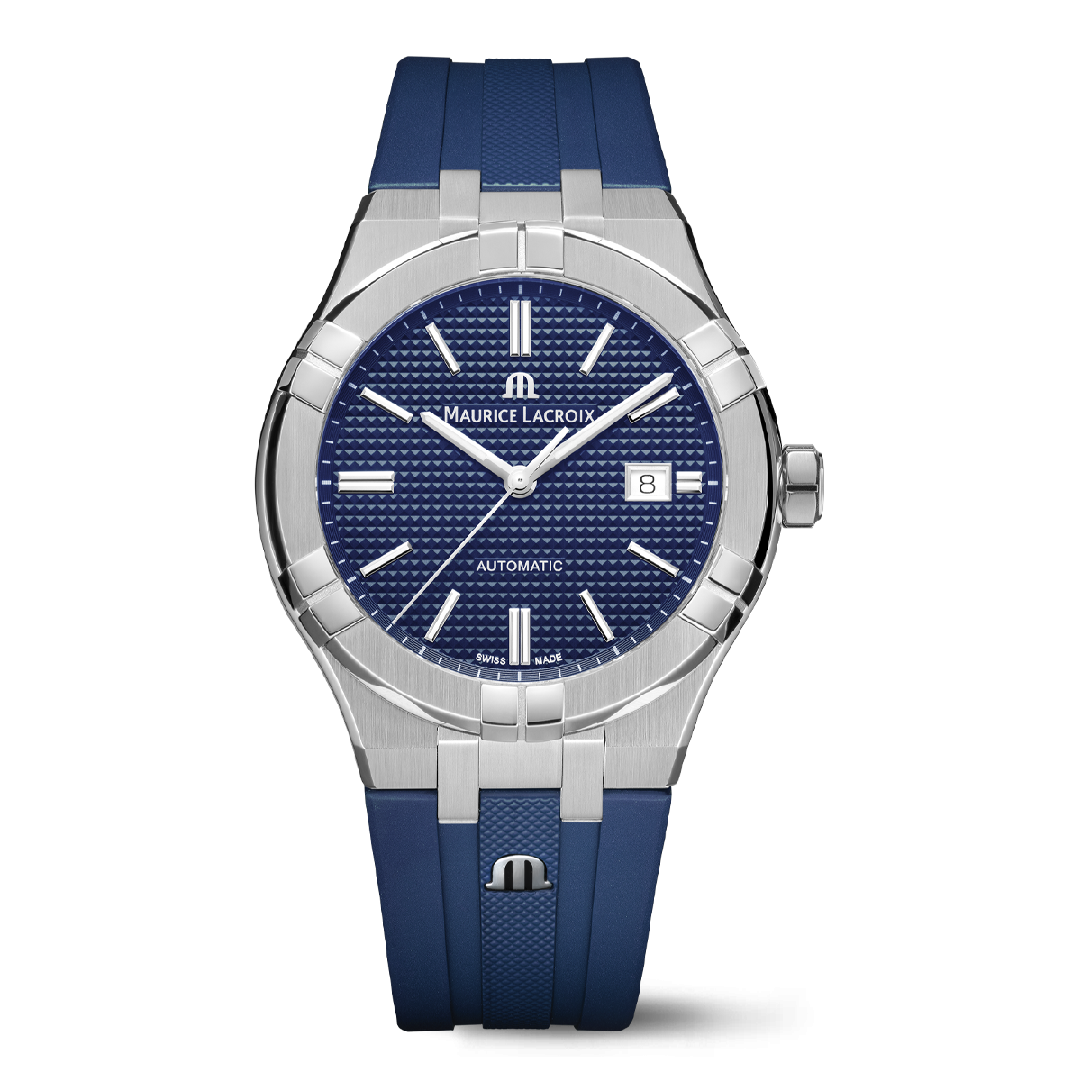 Steel, blue color, index rhodied AIKON AUTOMATIC DATE 42MM