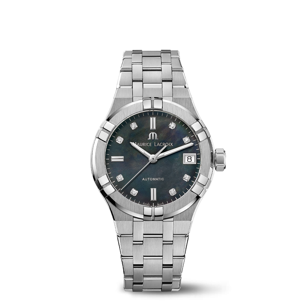 Steel, black MOP, index rhod.,8 dia AIKON AUTOMATIC DATE 35MM