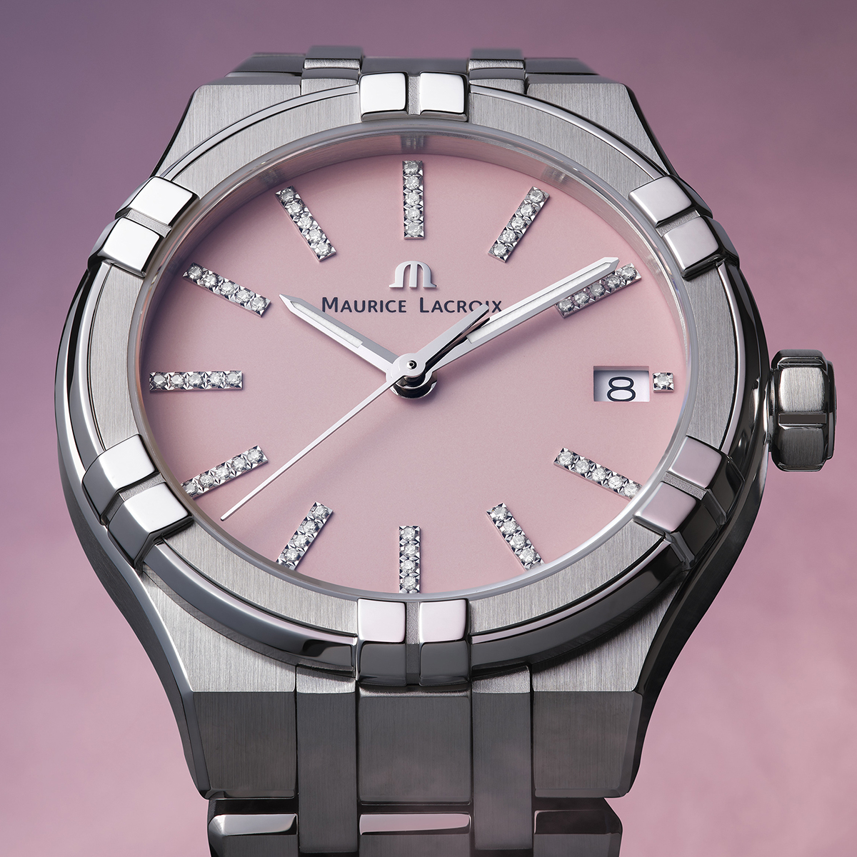 STEEL, pink, INDEX RHOD. W/Diamonds AIKON QUARTZ COLOURS EDITION