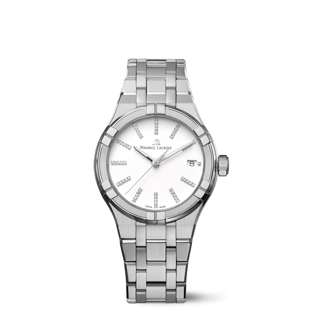 STEEL, WHITE, INDEX RHODIED DIA AIKON QUARTZ DATE 35MM
