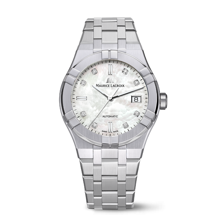 Steel, white MOP, ind rhod.,8 Diam. AIKON AUTOMATIC DATE 39MM