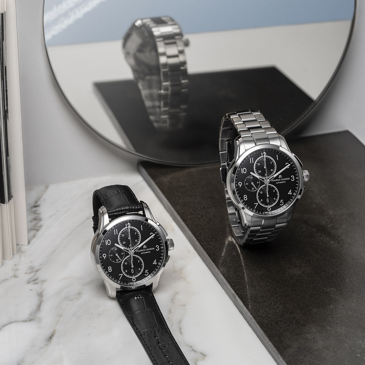 Steel, Black, rhodied arabic number PONTOS CHRONOGRAPH