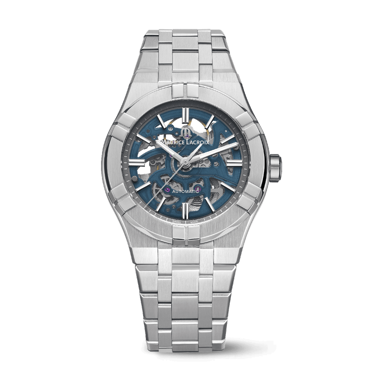 Stahl, Skelett blau, Index rhodium AIKON AUTOMATIC SKELETON