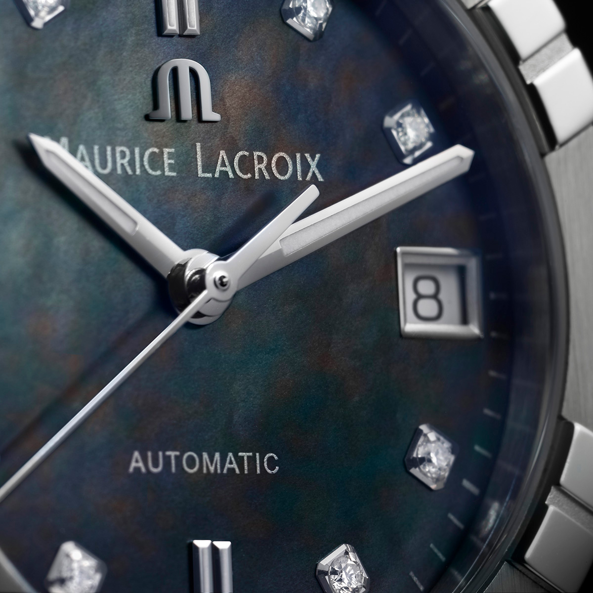 Steel, black MOP, index rhod.,8 dia AIKON AUTOMATIC DATE 35MM