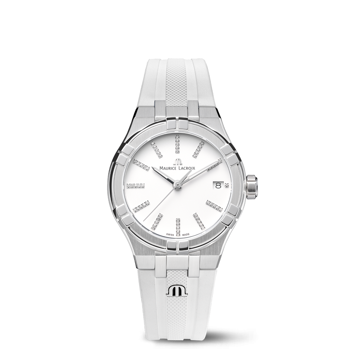 Stahl, Weiss, Index rhodium m/Diamanten AIKON QUARTZ DATE 35MM