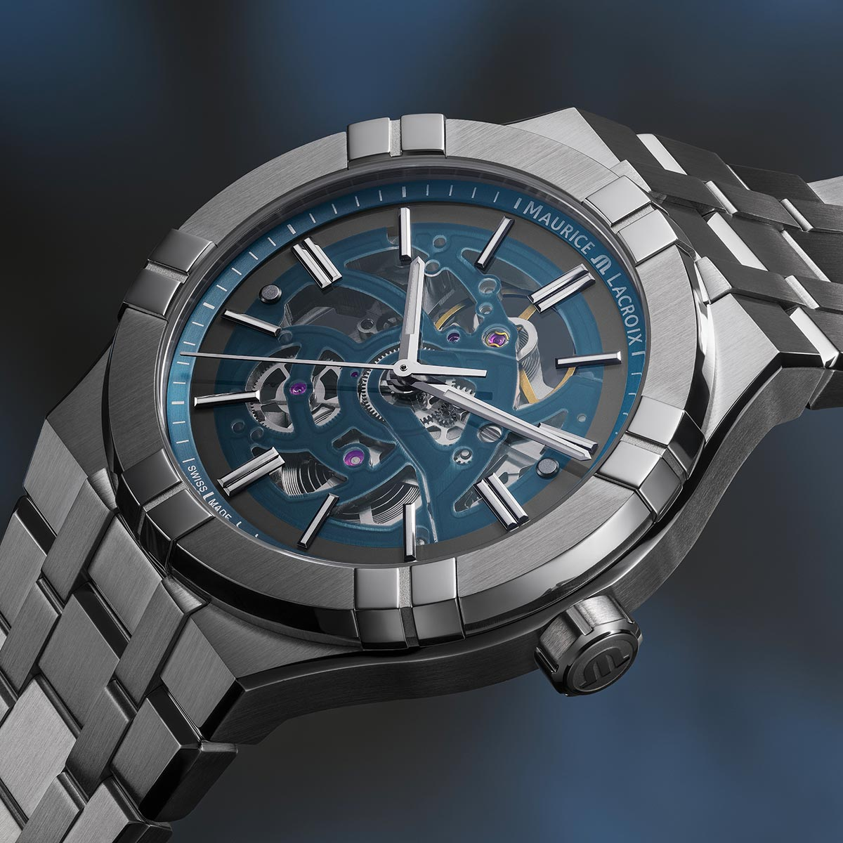 Steel, Skeleton blue, Index rhodied AIKON AUTOMATIC SKELETON