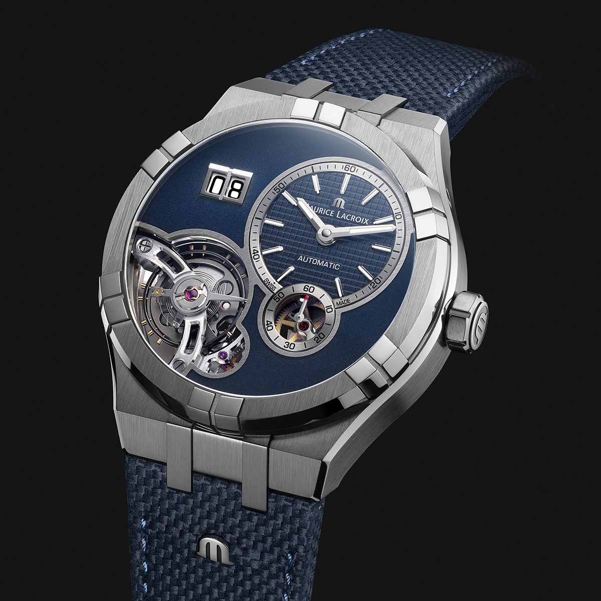 Steel, dark blue, index rhodied AIKON MASTER GRAND DATE