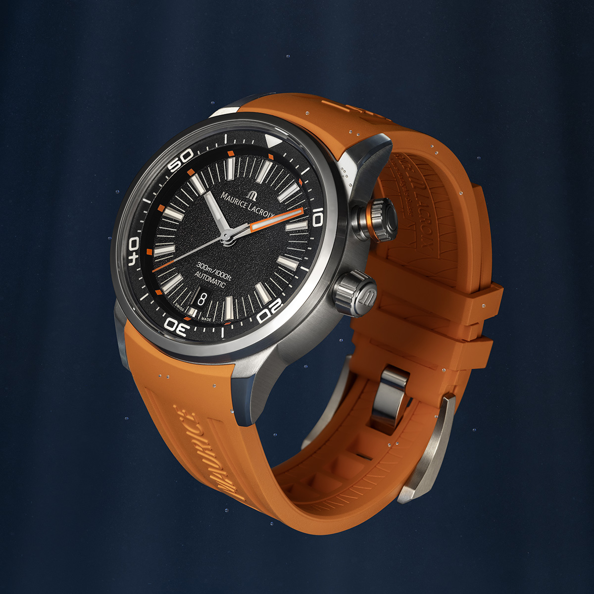Acier, ring 2H orange, noir, rhodié PONTOS S DIVER