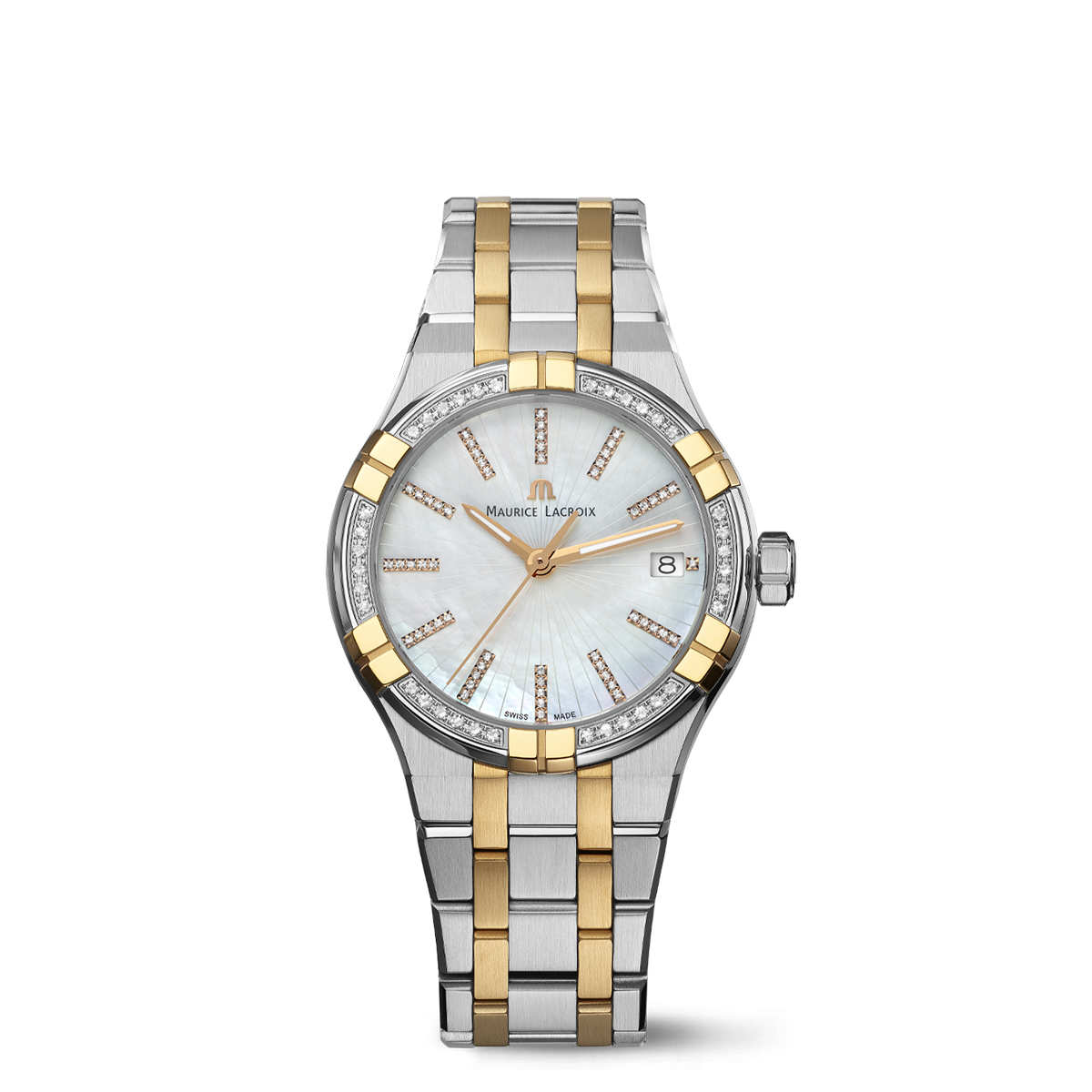 BI SS/PVD4N diam,Perlm.weiss diam,Ind.4N AIKON QUARTZ DATE 35MM