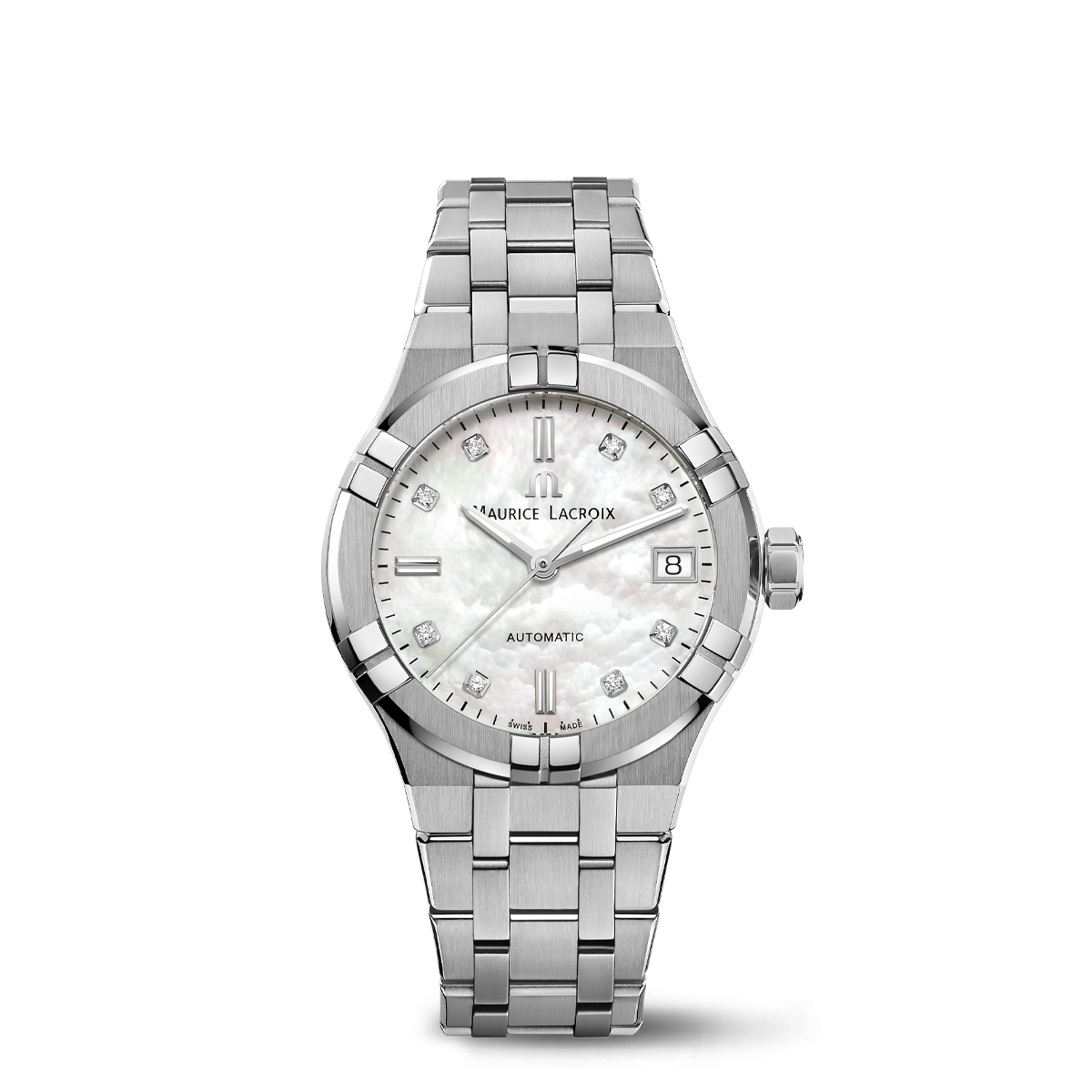 Steel, white MOP, index rhod.,8dia AIKON AUTOMATIC DATE 35MM