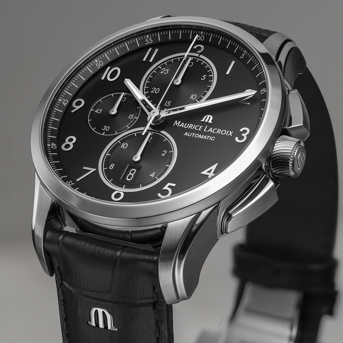 Steel, Black, rhodied arabic number PONTOS CHRONOGRAPH