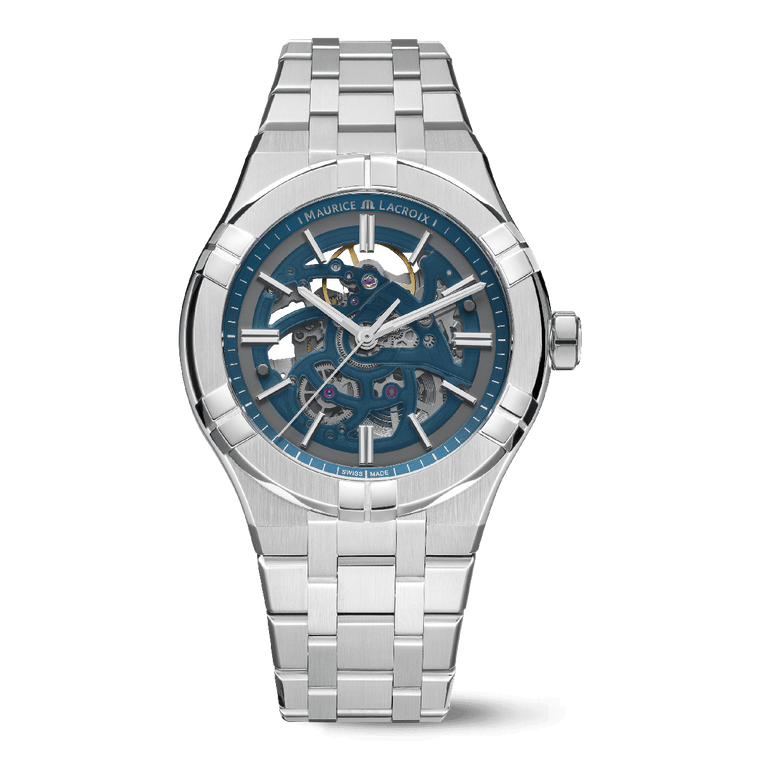 Steel, Skeleton blue, Index rhodied AIKON AUTOMATIC SKELETON