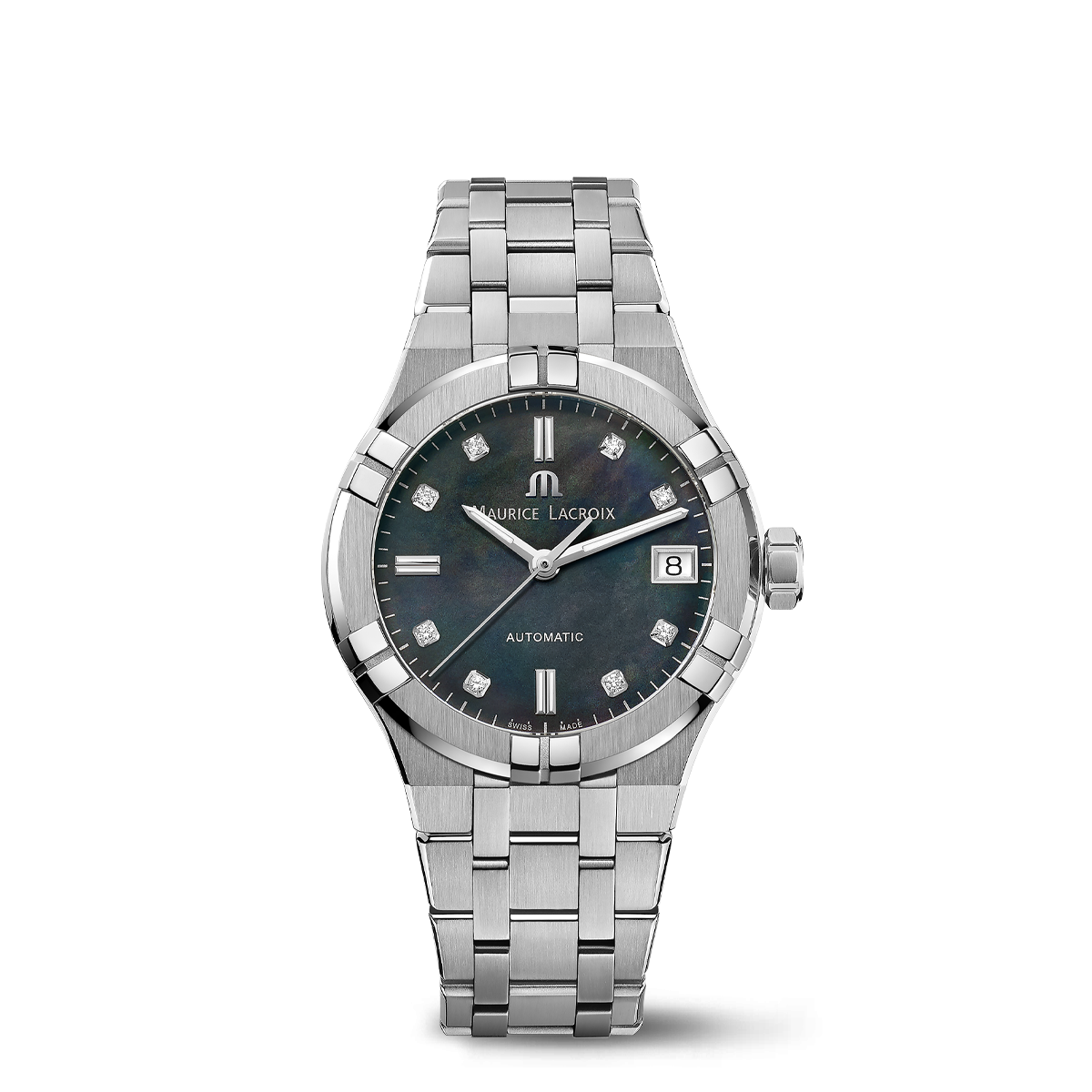 Steel, black MOP, index rhod.,8 dia AIKON AUTOMATIC DATE 35MM