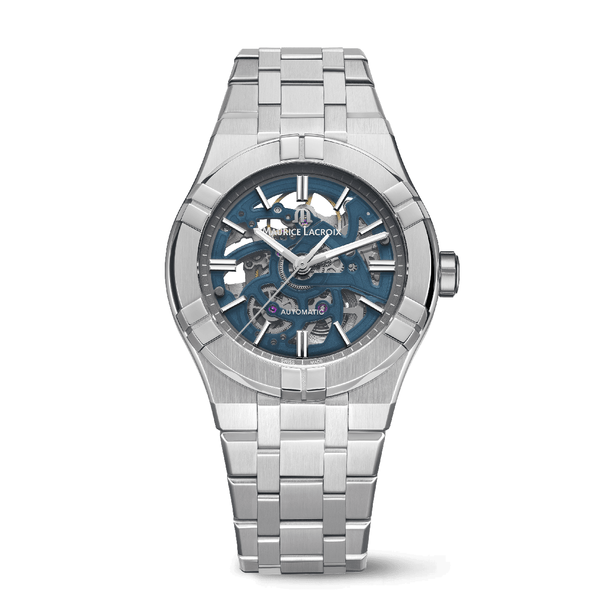 Steel, Skeleton blue, Index rhodied AIKON AUTOMATIC SKELETON