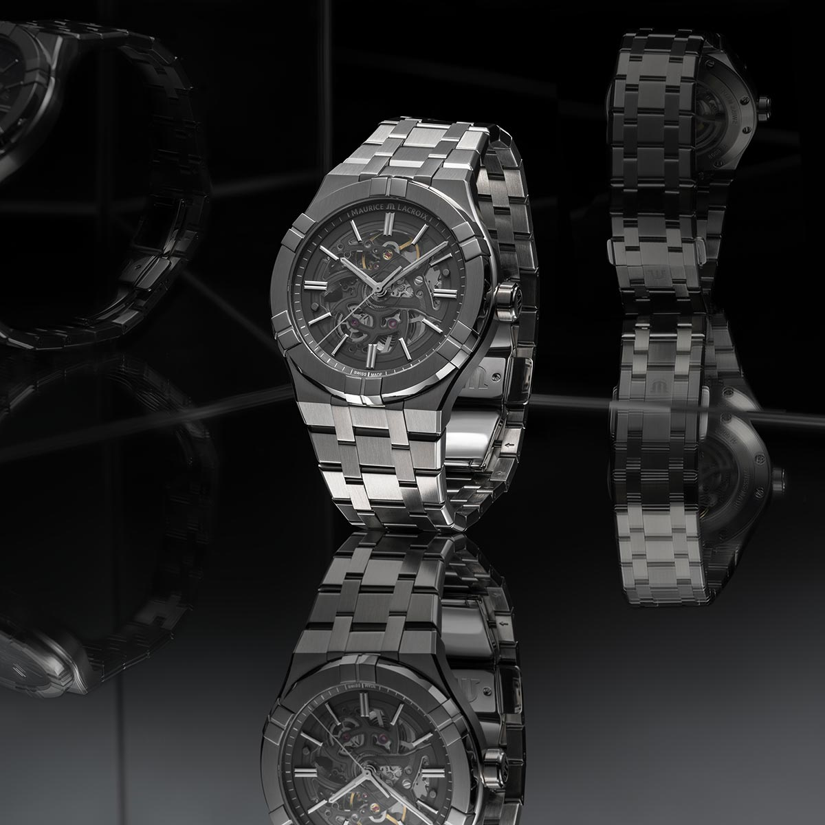 Steel, Skeleton grey, Index rhodied AIKON AUTOMATIC SKELETON