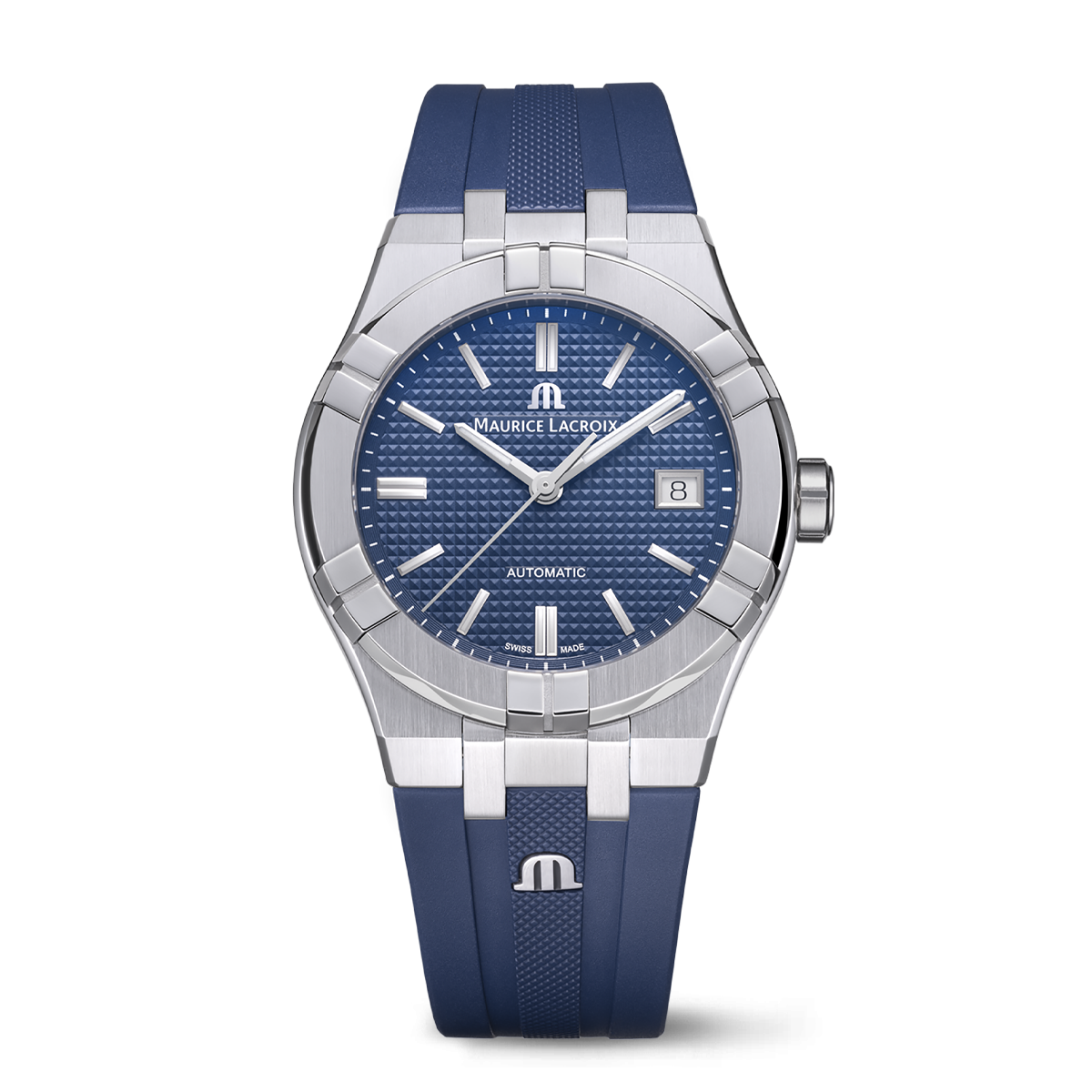 Steel, blue color, index rhodied AIKON AUTOMATIC DATE 39MM