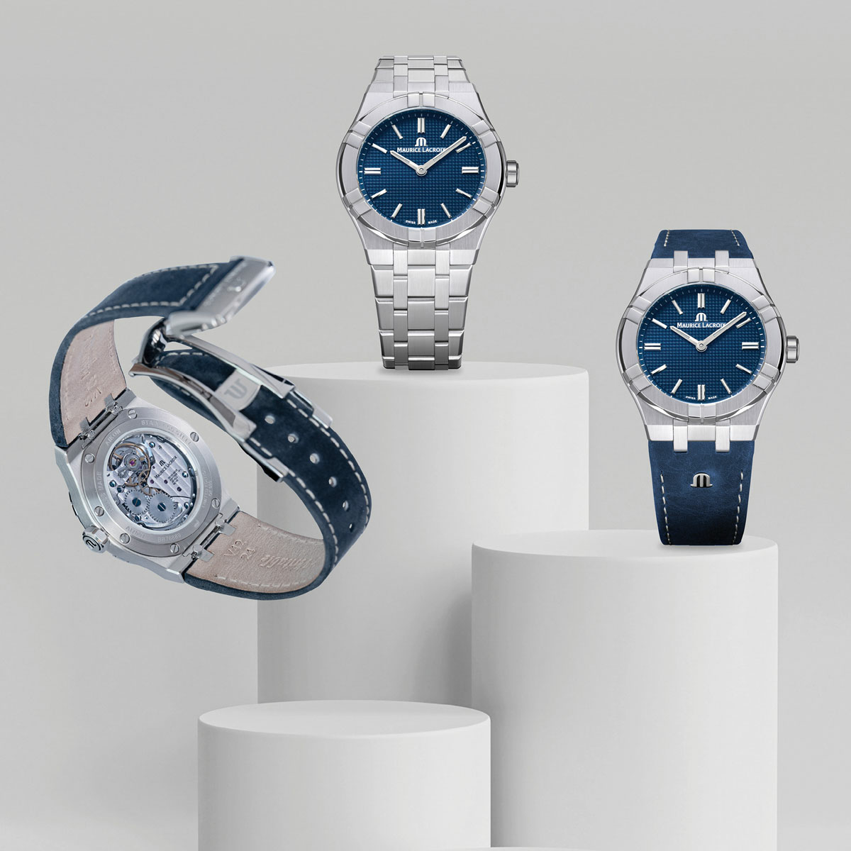 Steel, blue, index rhodied, LTD 500 AIKON MANUAL 39MM COLLECTORS EDITION