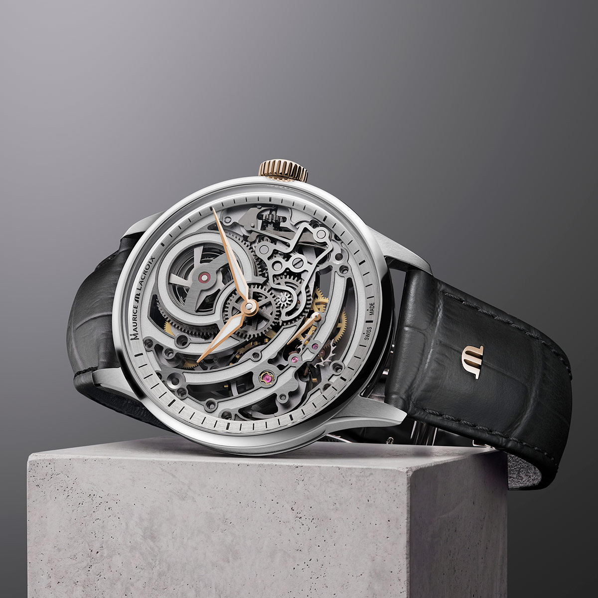 Maurice Lacroix 1975 Master Skeleton watch black leather beauty studio photograph