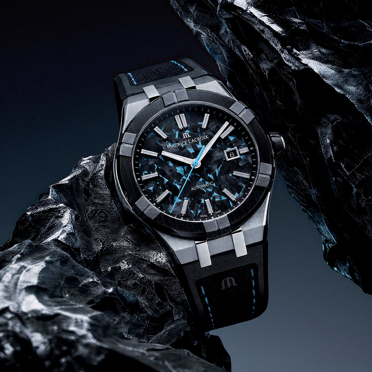 Maurice Lacroix Frozen Carbon Turquoise watch in dark mineral setting