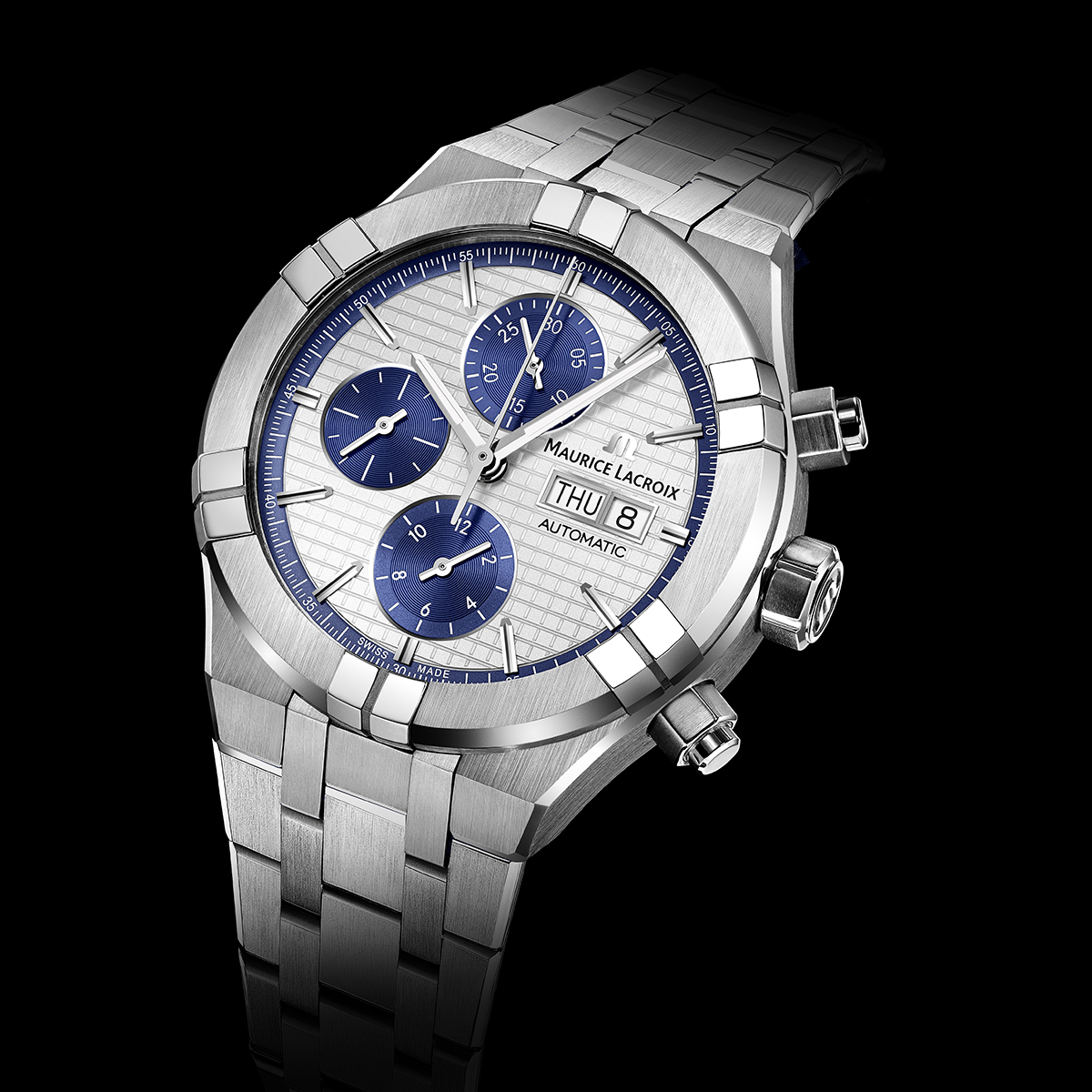 Steel, silver/blue color, rhodied AIKON AUTOMATIC CHRONOGRAPH