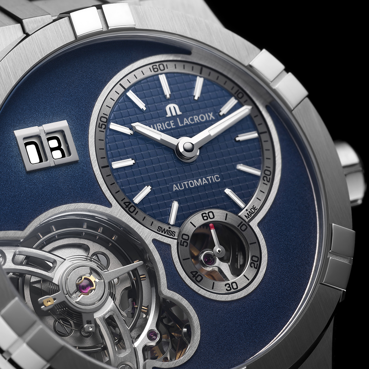 Stahl, dunkelblau, Index rhodium AIKON MASTER GRAND DATE