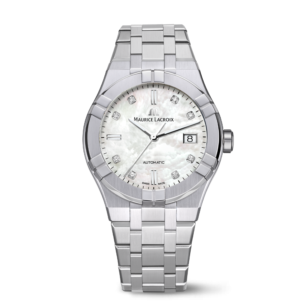 Acier,nacre blanche ind.rhodiés, 8 diam. AIKON AUTOMATIC DATE 39MM