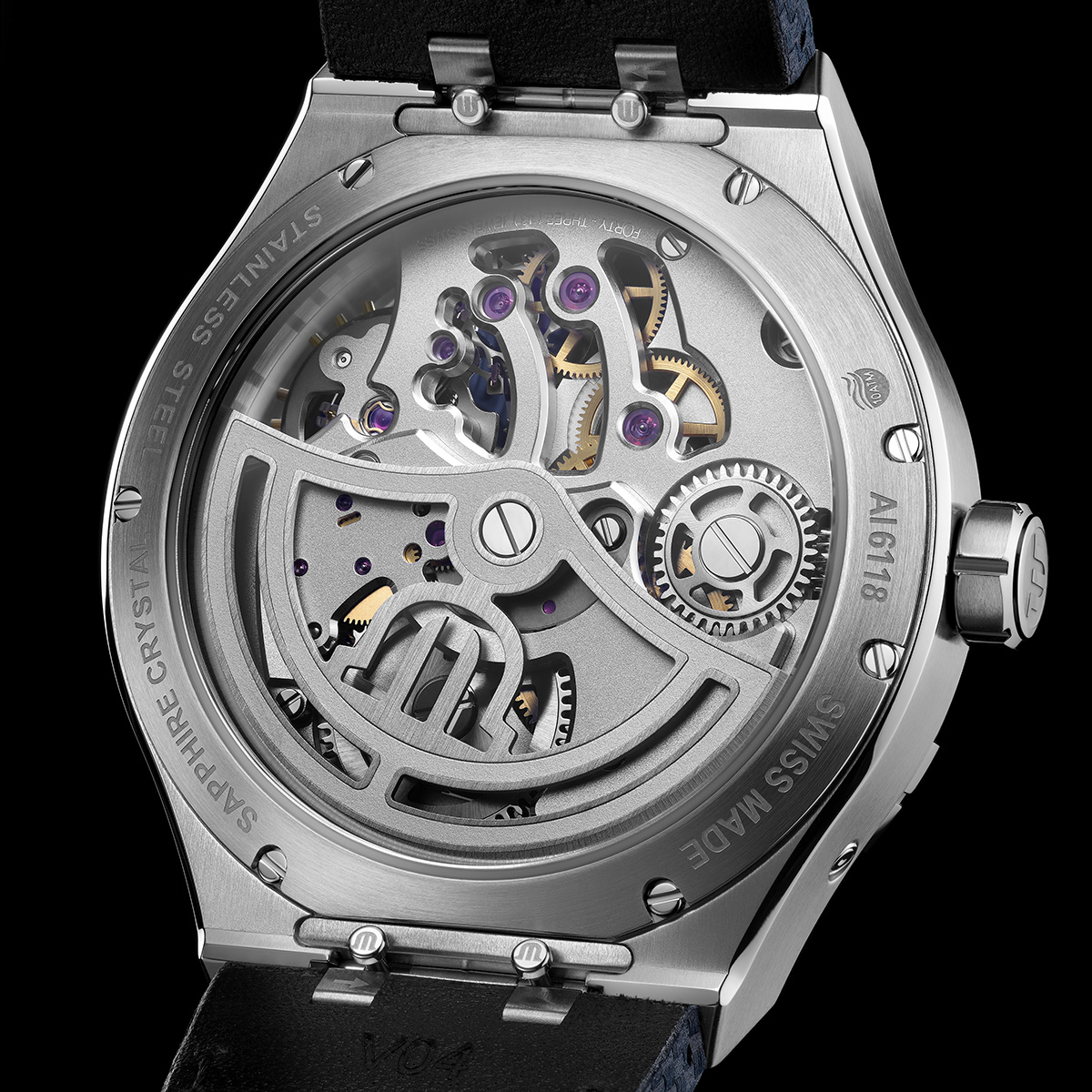 Stahl, dunkelblau, Index rhodium AIKON MASTER GRAND DATE