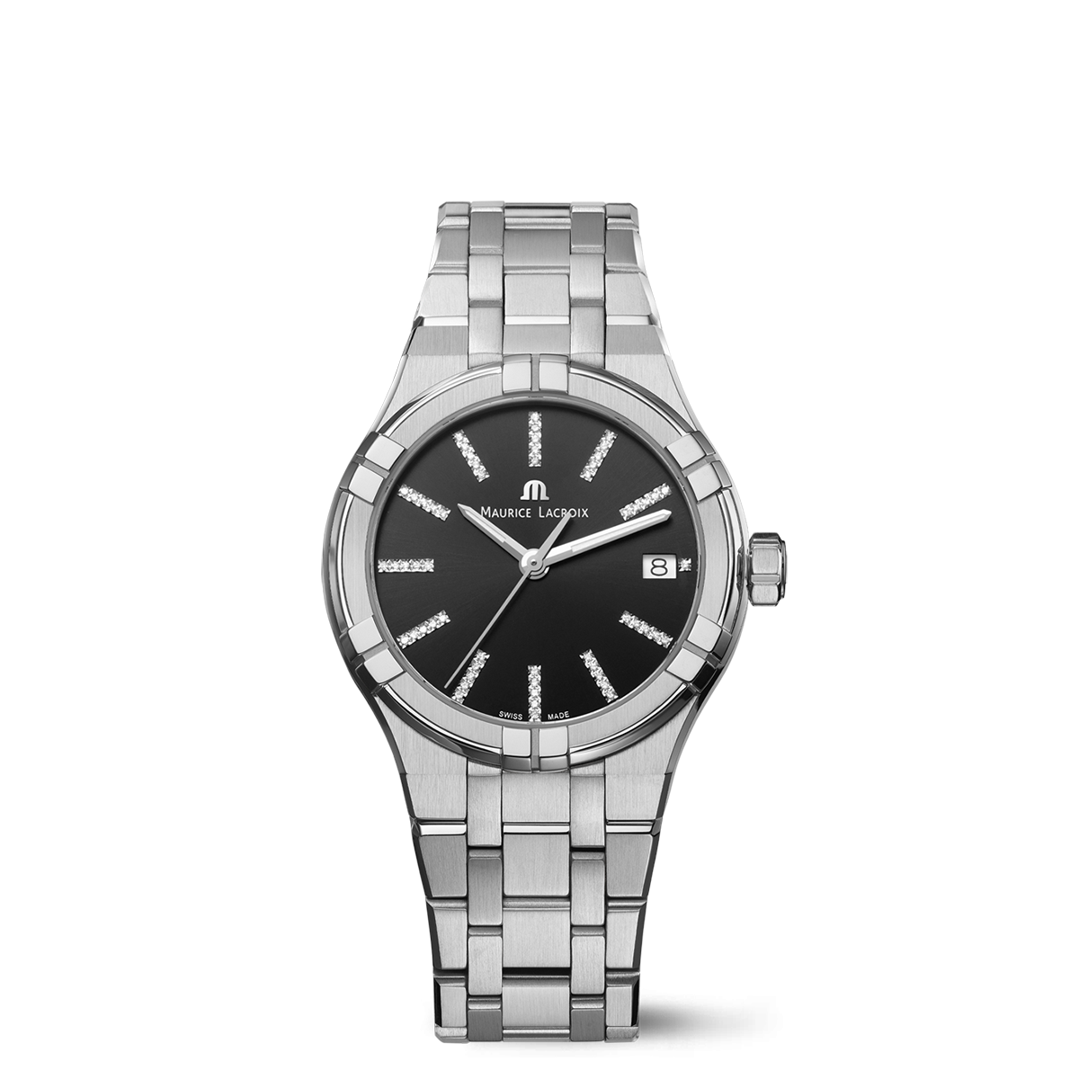 Steel, black, index rhodied AIKON QUARTZ DATE 35MM