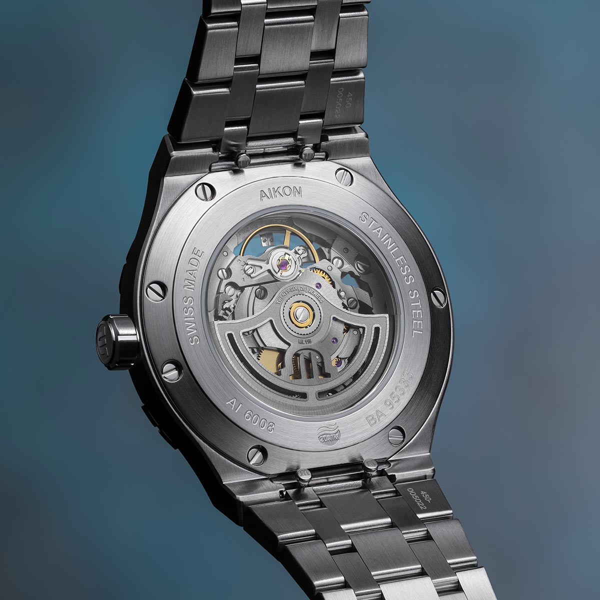 Steel, Skeleton blue, Index rhodied AIKON AUTOMATIC SKELETON