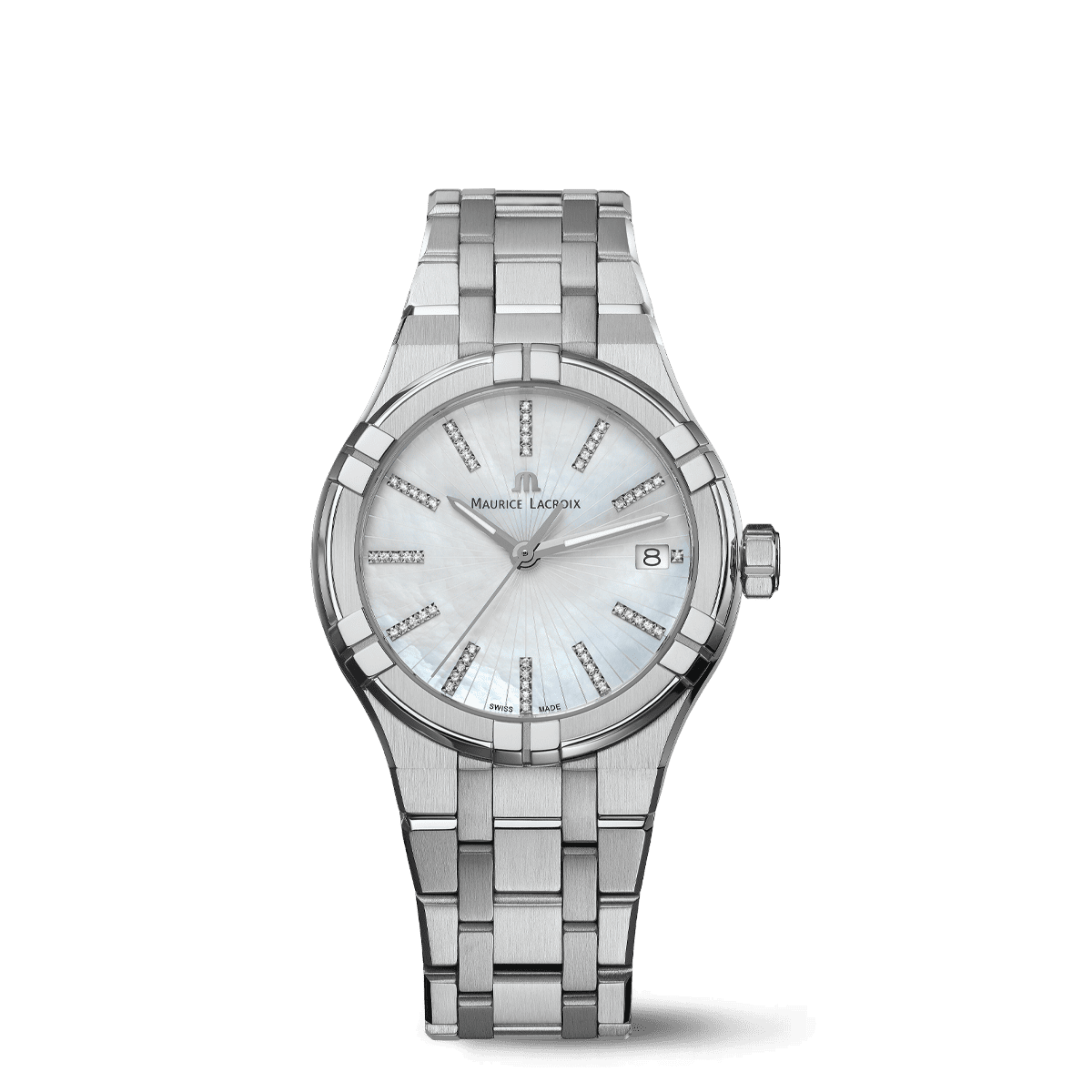 STEEL, WHITE MOP, INDEX RHO. Diamonds AIKON QUARTZ DATE 35MM