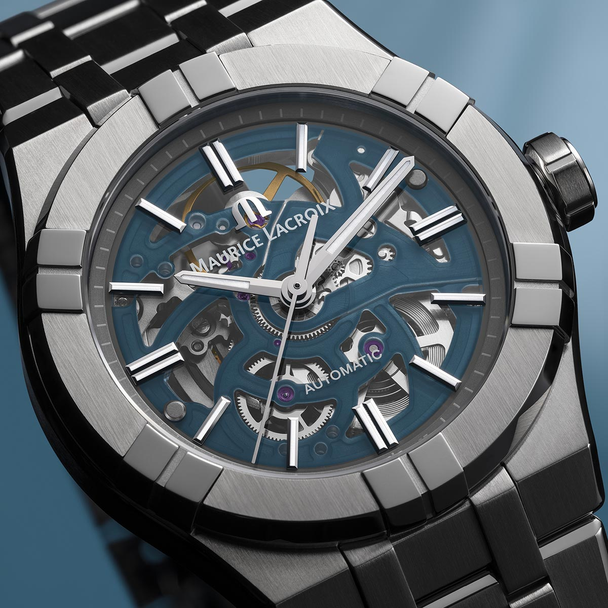 Steel, Skeleton blue, Index rhodied AIKON AUTOMATIC SKELETON