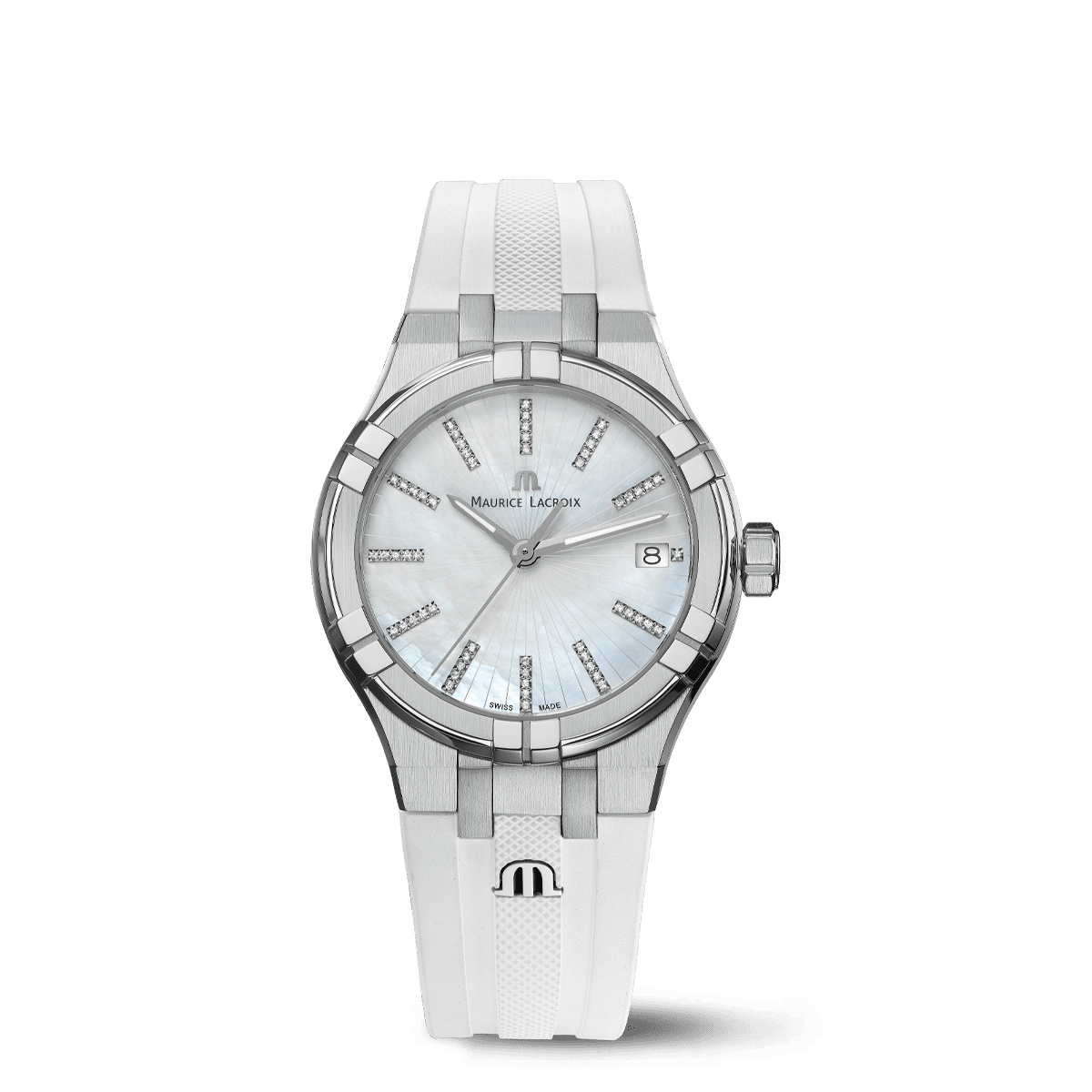 STEEL, WHITE MOP, INDEX RHO. Diamonds AIKON QUARTZ DATE 35MM