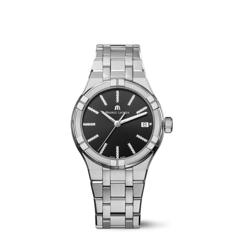 Steel, black, index rhodied AIKON QUARTZ DATE 35MM