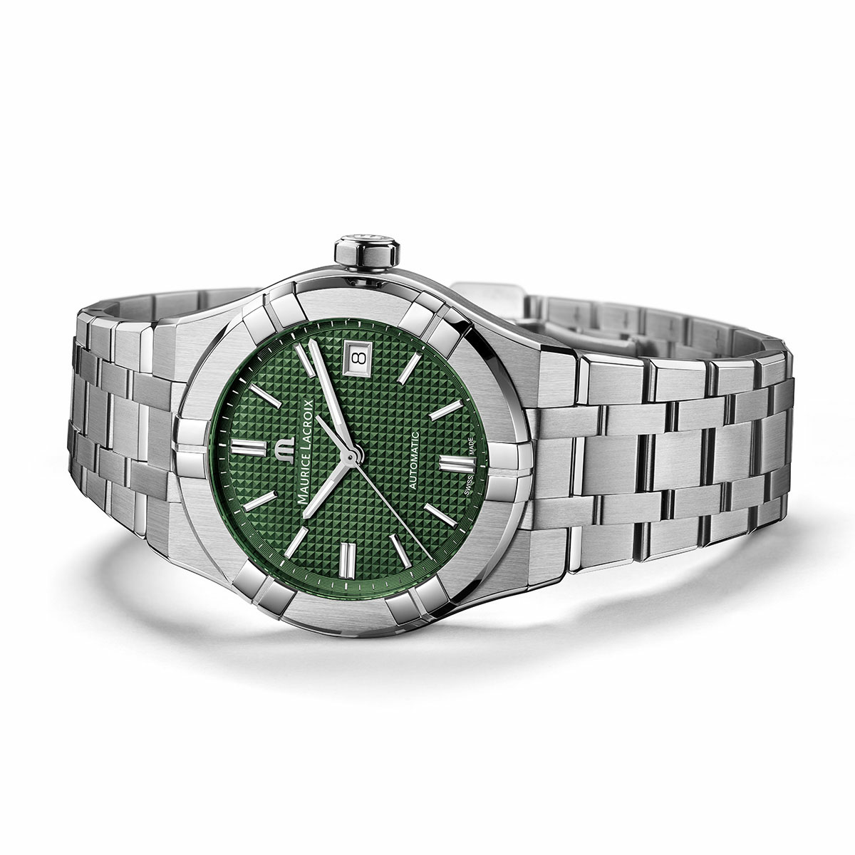 Steel, green color, index rhodied AIKON AUTOMATIC DATE 39MM