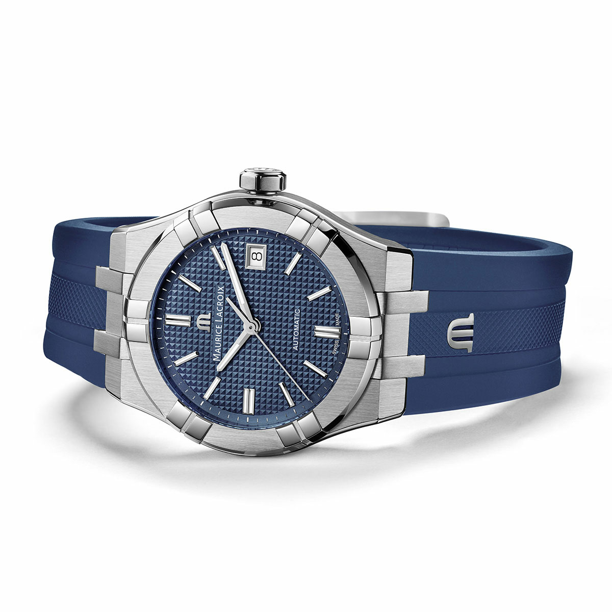 Steel, blue color, index rhodied AIKON AUTOMATIC DATE 39MM