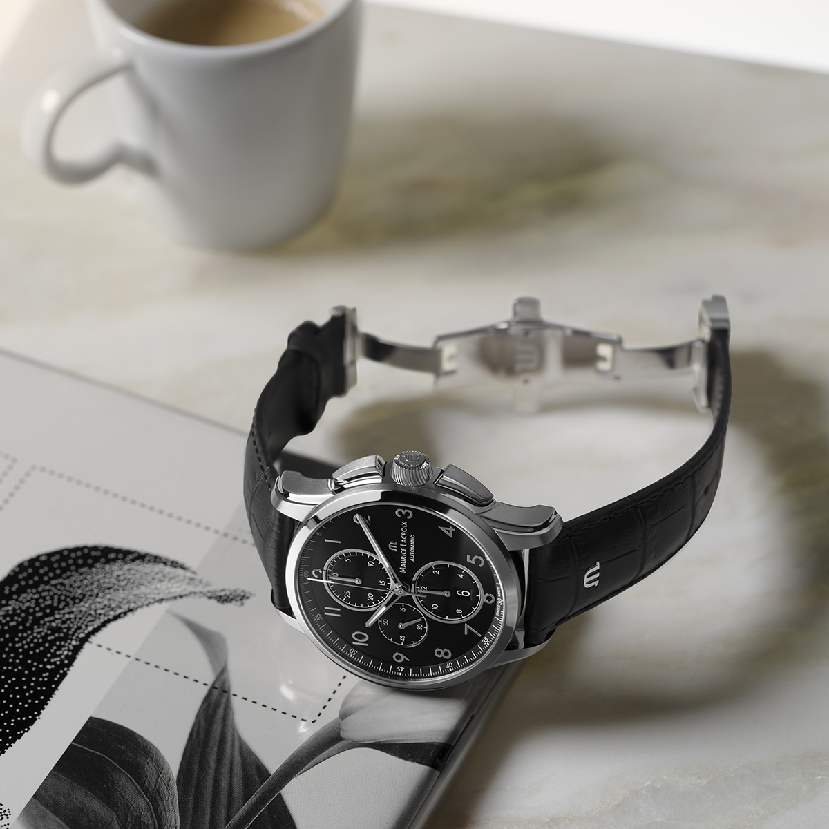Steel, Black, rhodied arabic number PONTOS CHRONOGRAPH