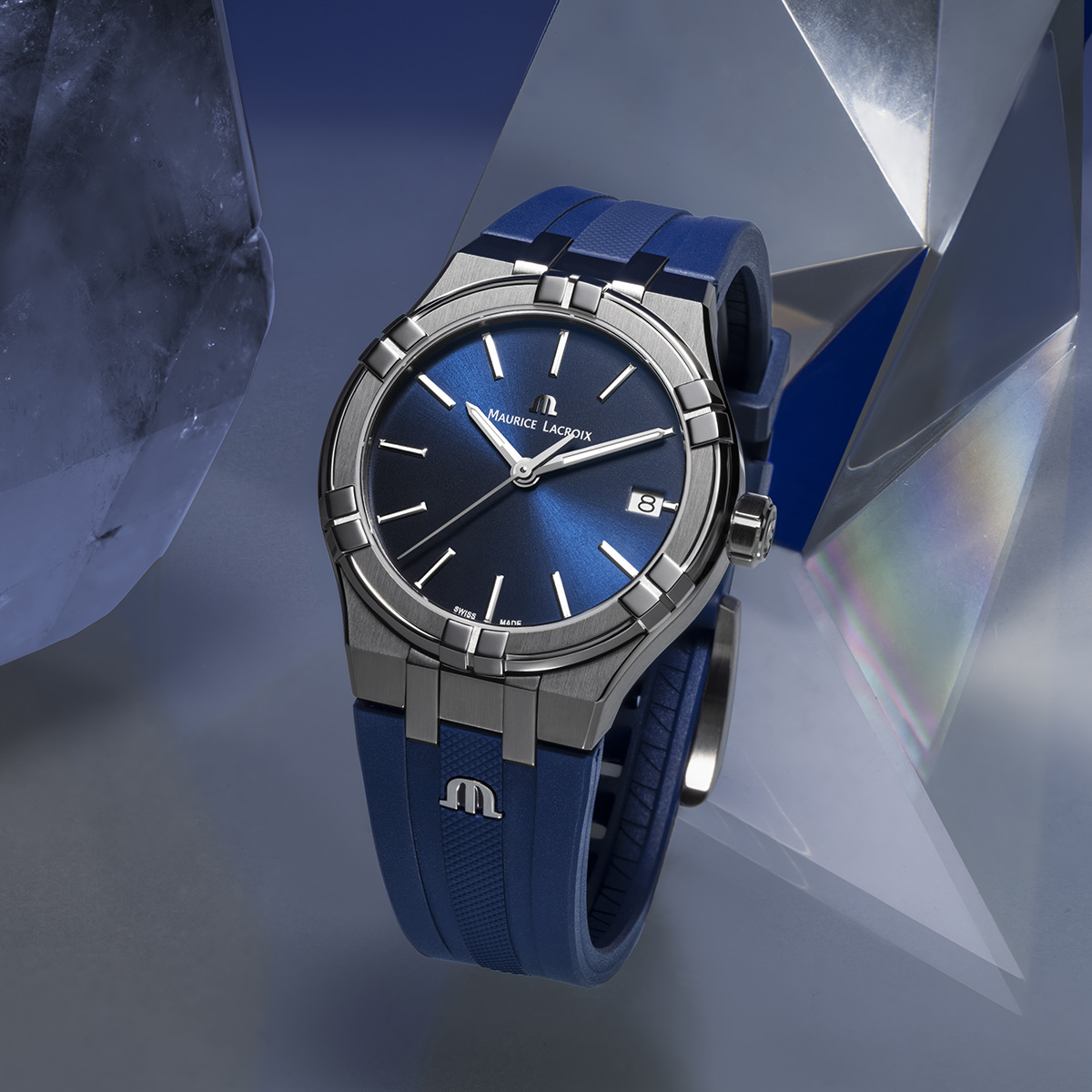 STEEL, BLUE, INDEX RHODIED AIKON QUARTZ DATE 35MM