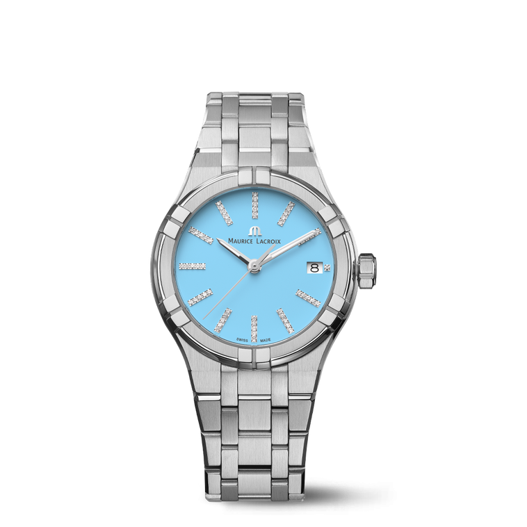 Acier, bleu, index rhodiés a/diamants AIKON QUARTZ COLOURS EDITION