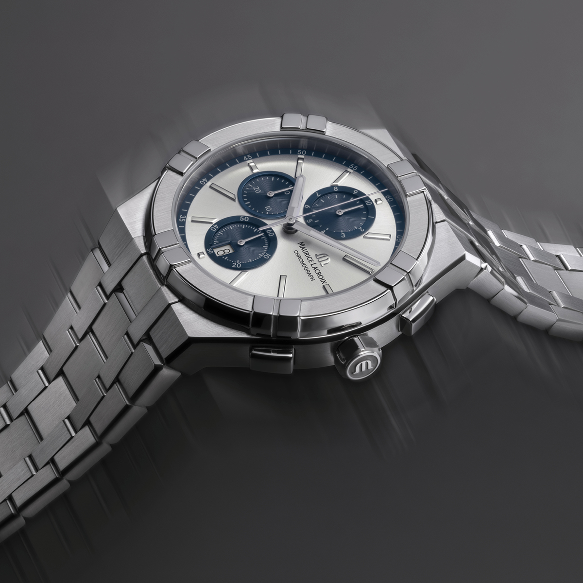 Stahl, Silber/blau, 12 ind. rhodium AIKON QUARTZ CHRONOGRAPH