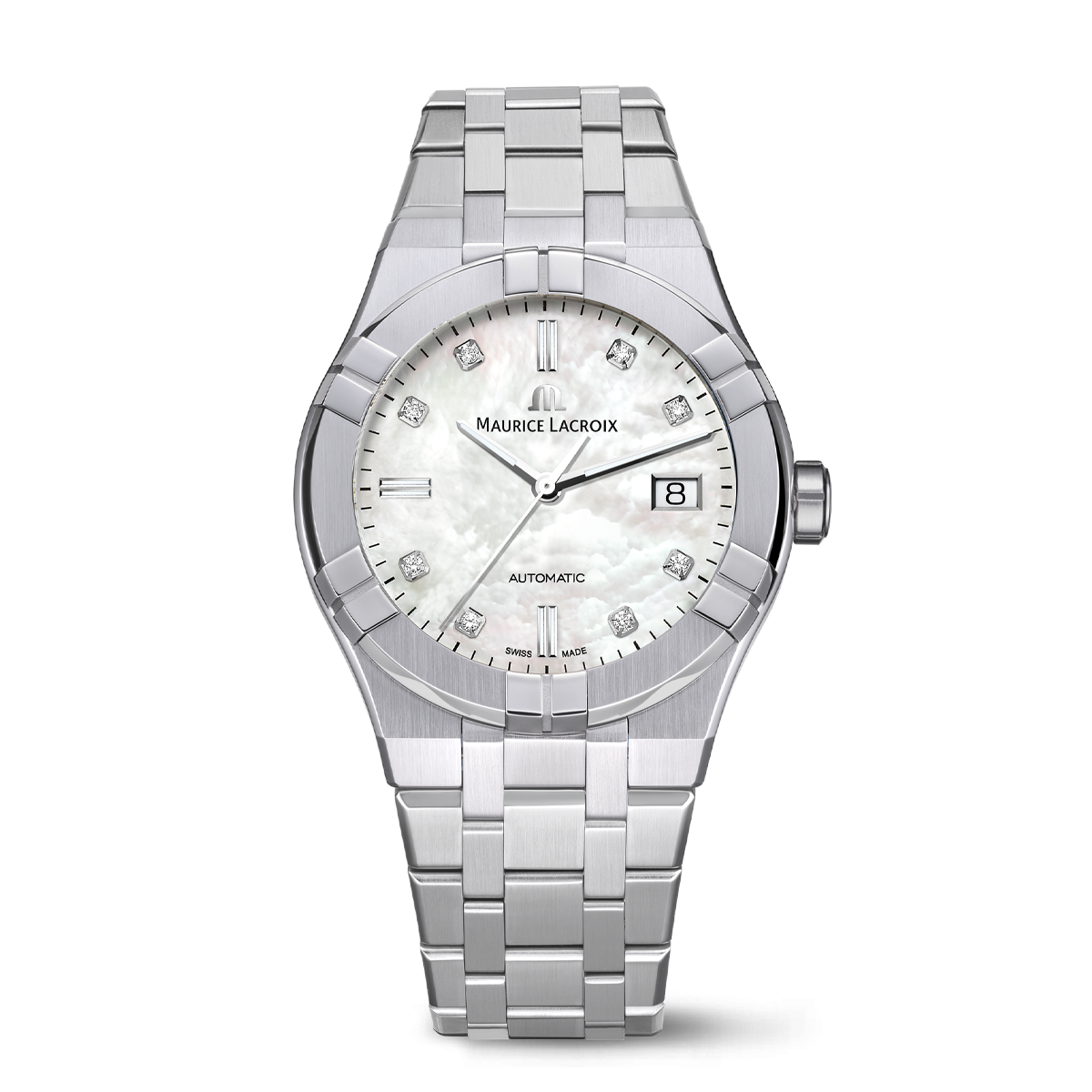 Steel, white MOP, ind rhod.,8 Diam. AIKON AUTOMATIC DATE 39MM