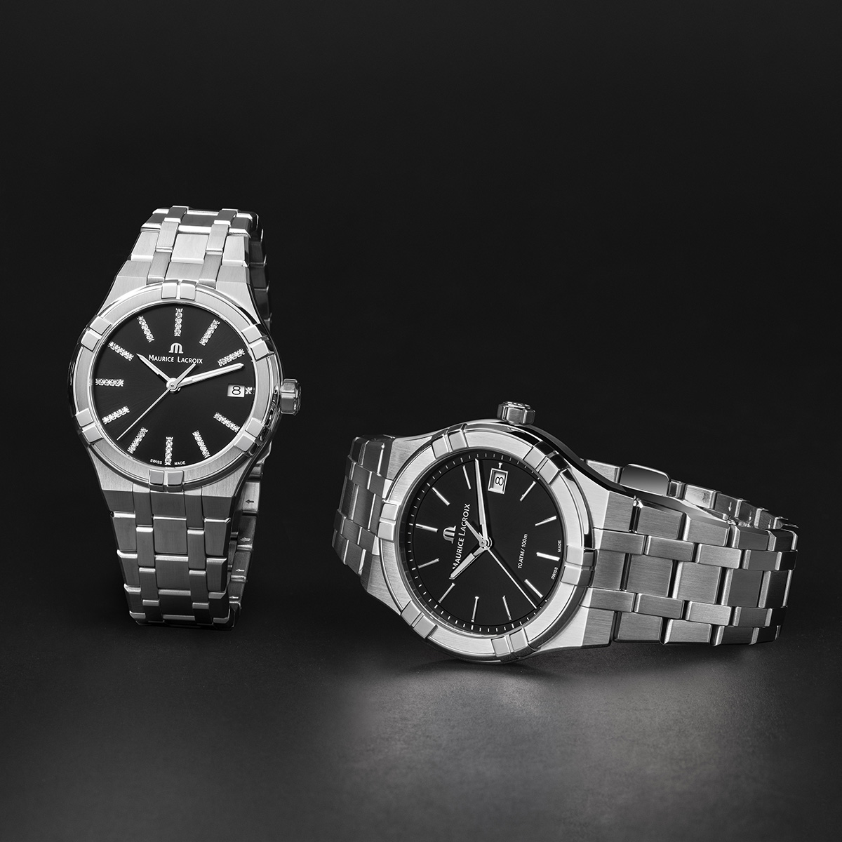 Acier, noir, index rhodiés AIKON QUARTZ DATE 40MM