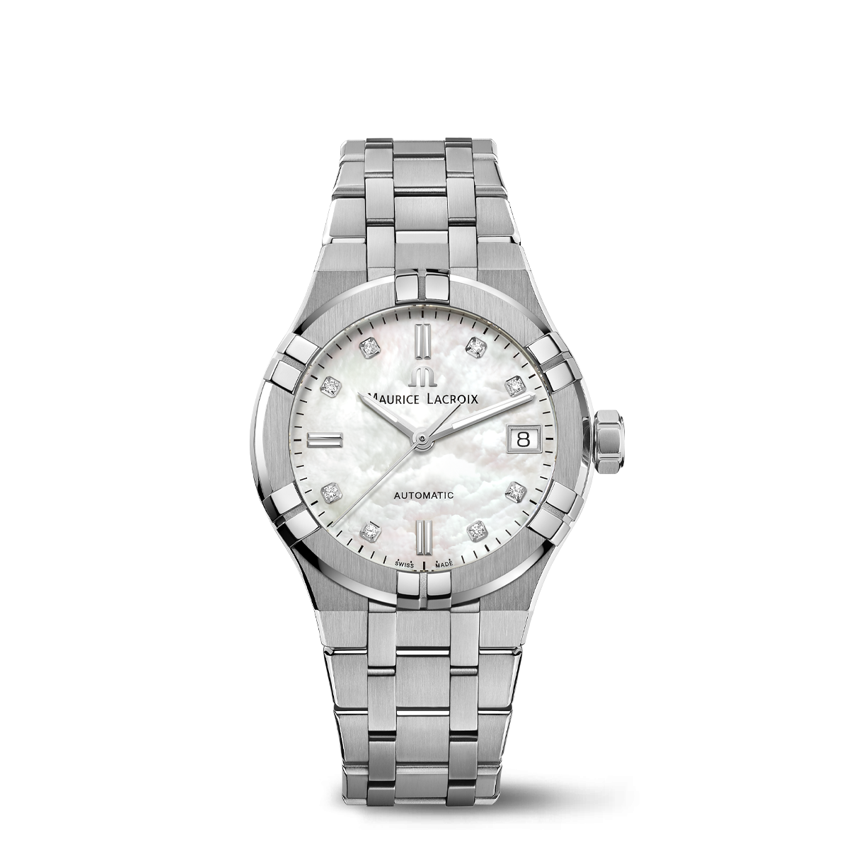Steel, white MOP, index rhod.,8dia AIKON AUTOMATIC DATE 35MM