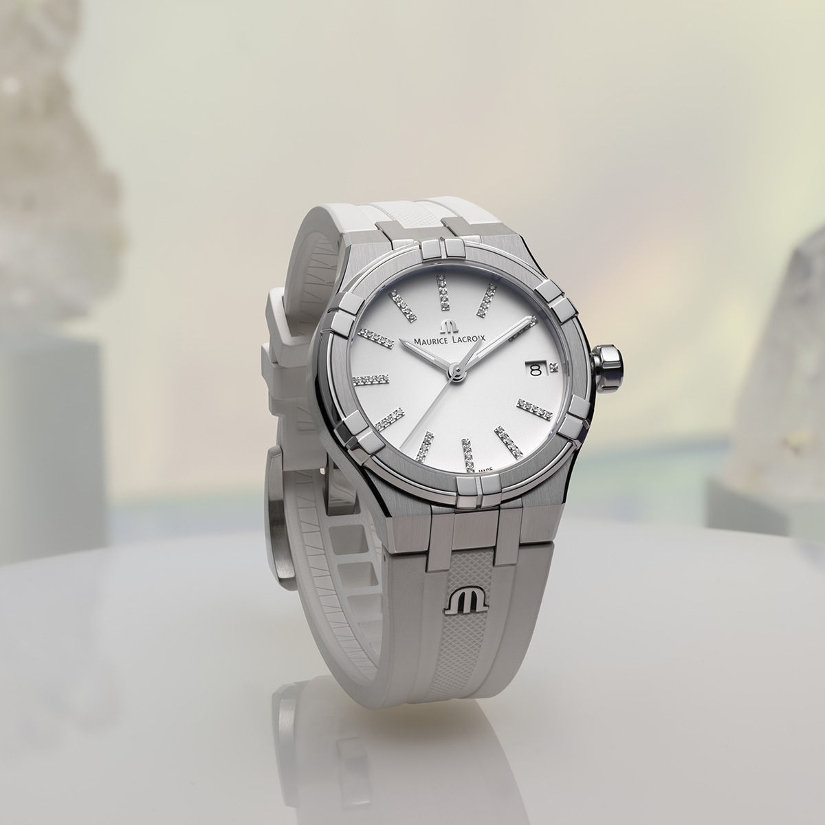 STEEL, WHITE, INDEX RHODIED DIA AIKON QUARTZ DATE 35MM