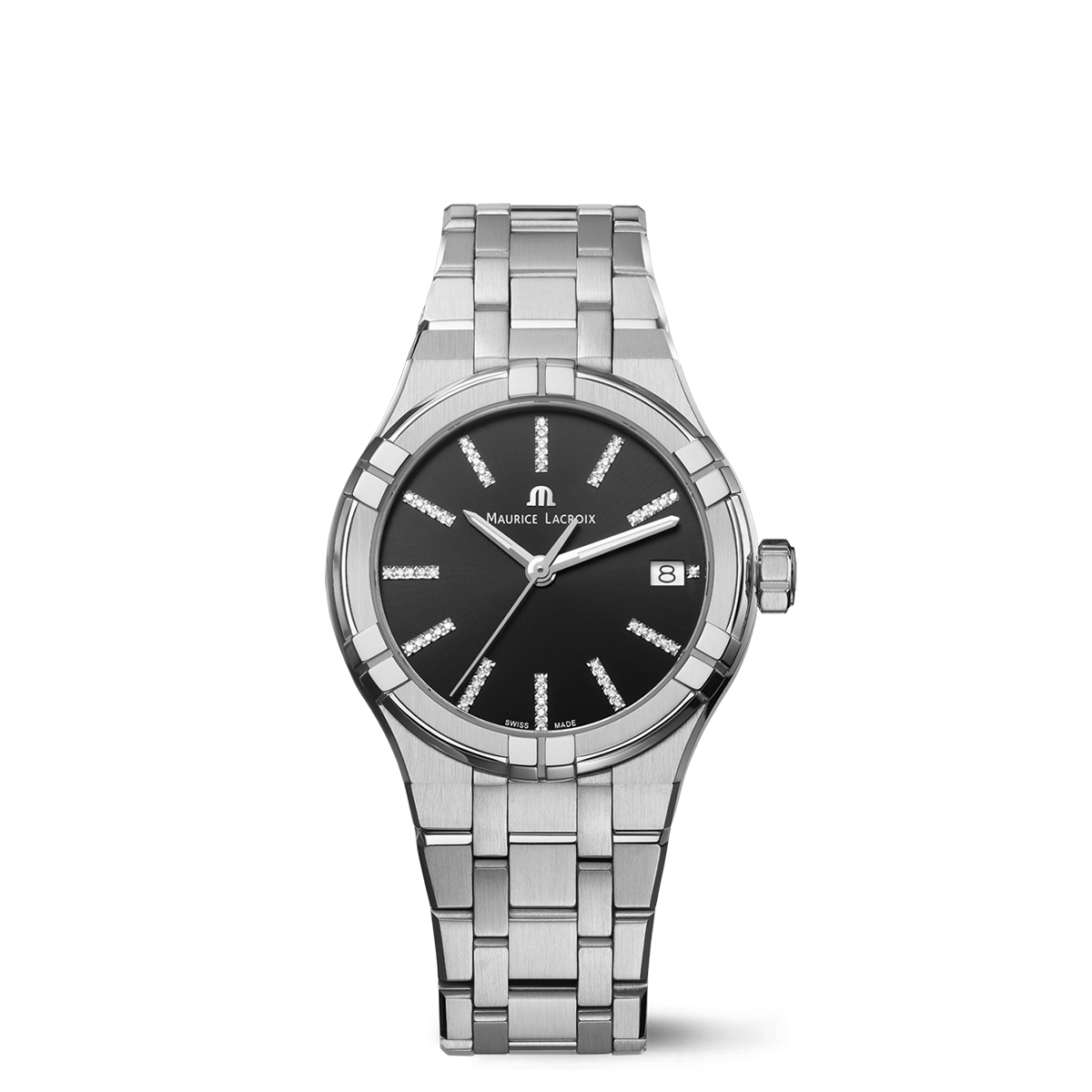 Steel, black, index rhodied AIKON QUARTZ DATE 35MM