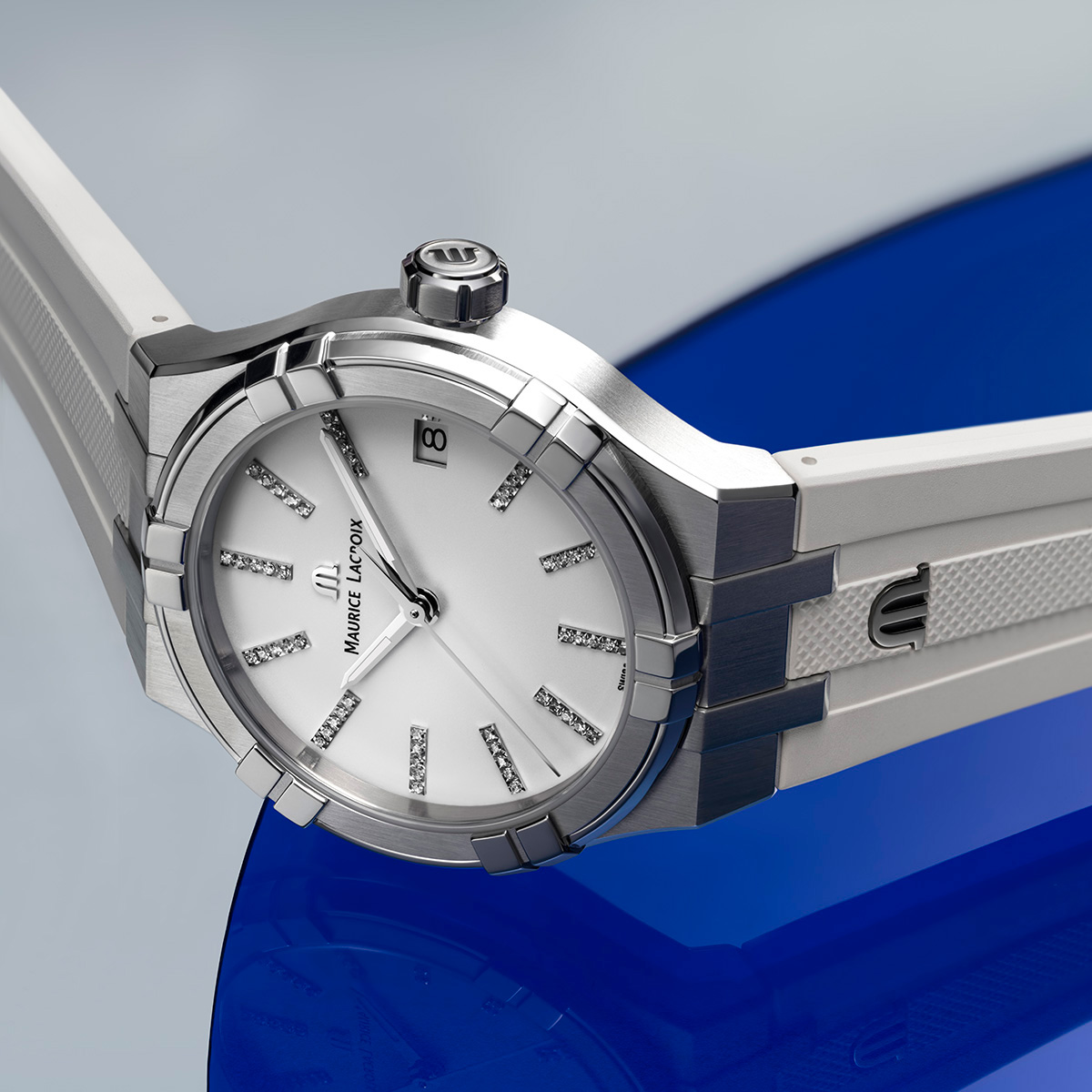 Stahl, Weiss, Index rhodium m/Diamanten AIKON QUARTZ DATE 35MM