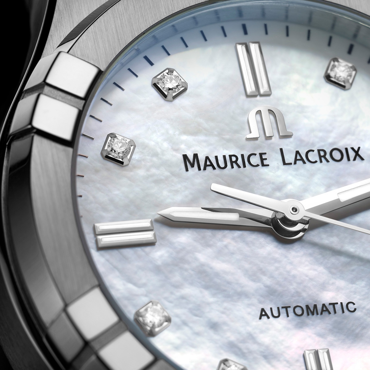 Steel, white MOP, index rhod.,8dia AIKON AUTOMATIC DATE 35MM