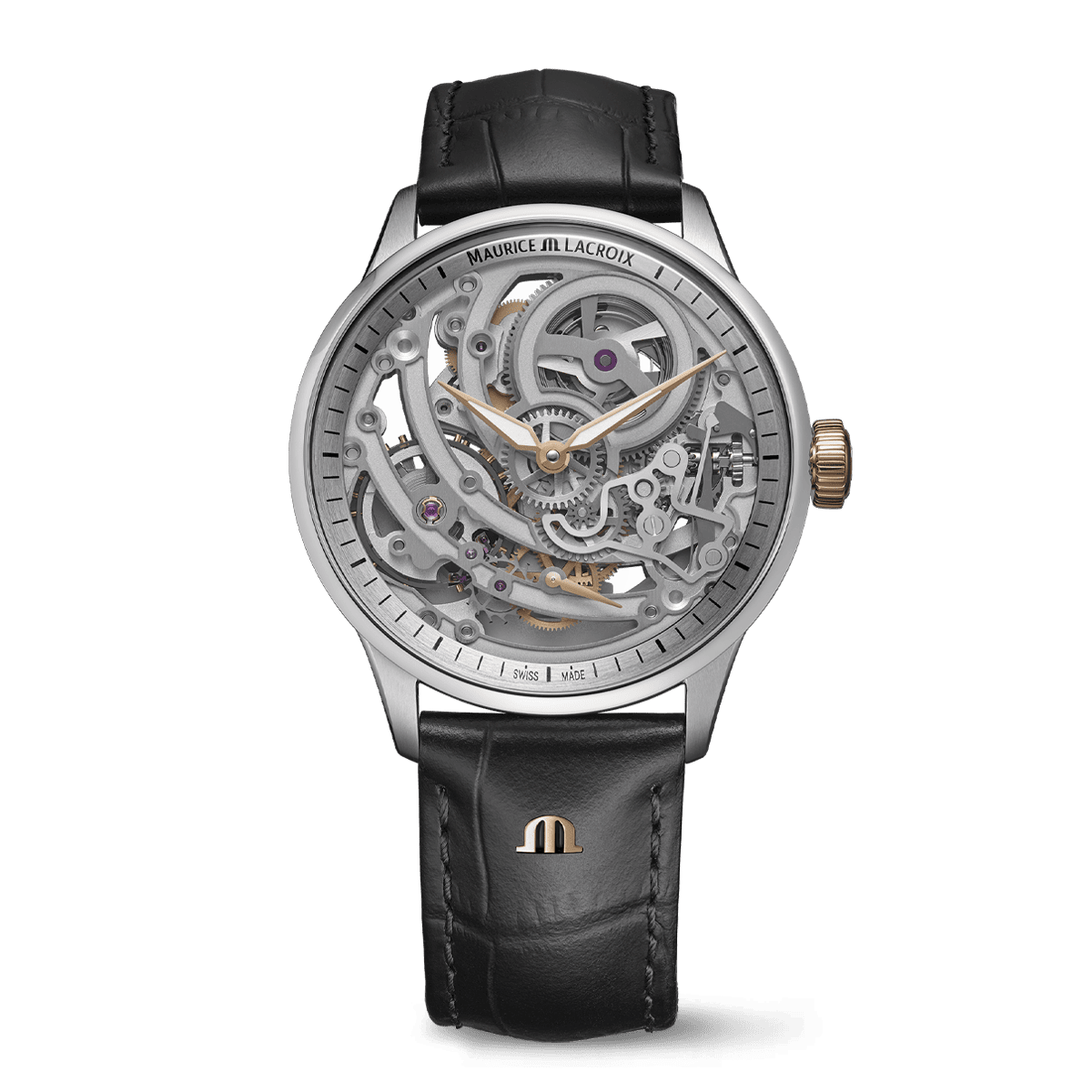 Maurice Lacroix 1975 Master Skeleton 758108-S1S12-002-3 frontal with black leather strap