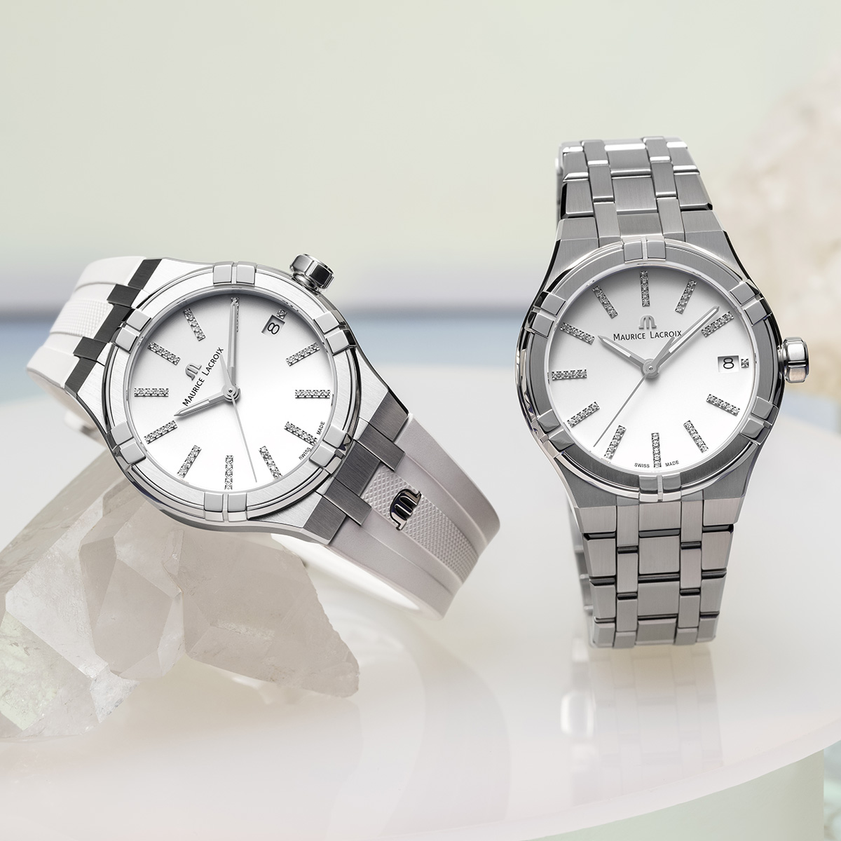 Stahl, Weiss, Index rhodium m/Diamanten AIKON QUARTZ DATE 35MM