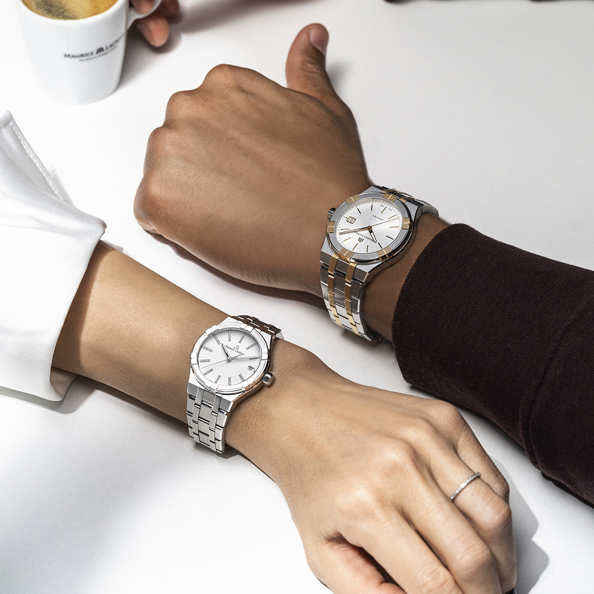 Stahl, Weiss, Index rhodium m/Diamanten AIKON QUARTZ DATE 35MM