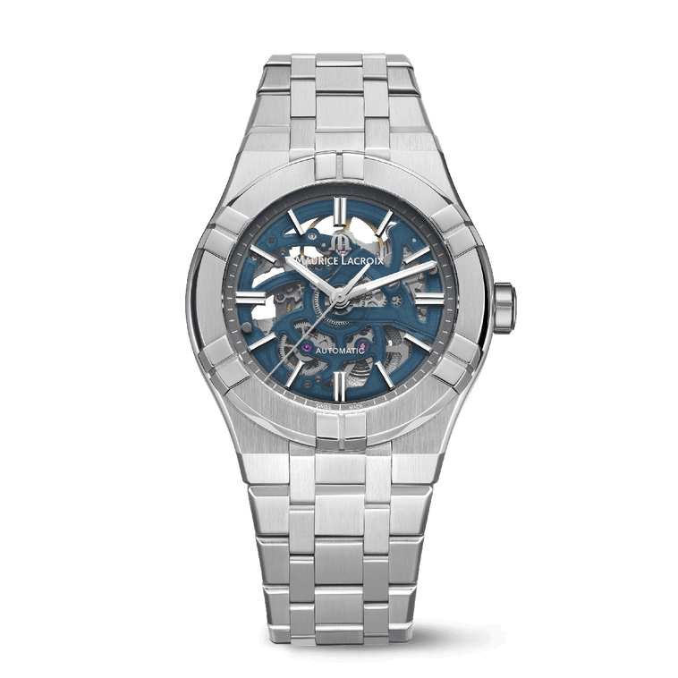 Steel, Skeleton blue, Index rhodied AIKON AUTOMATIC SKELETON